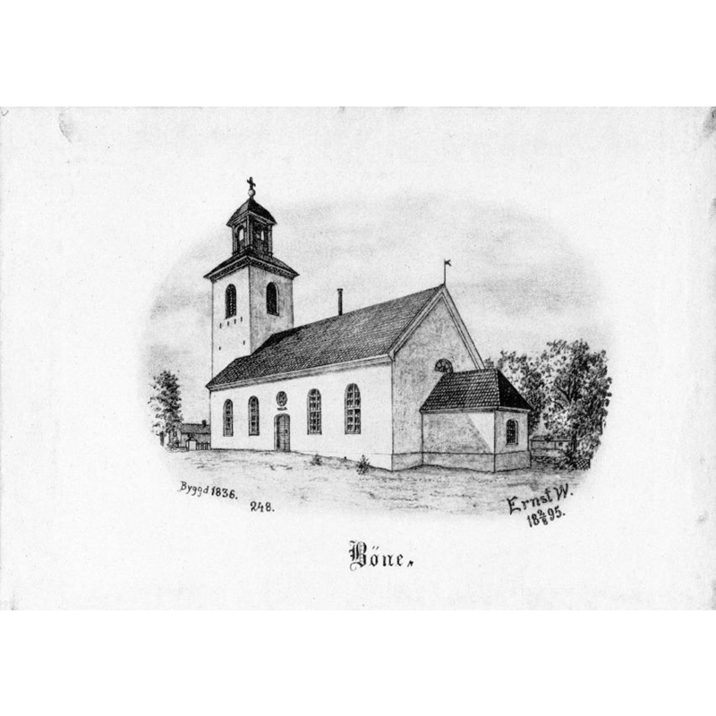 Source caption: "Böne kyrka [...] Kyrkan från sydöst. Tryck efter teckning av Ernst Wennerblad 1895."