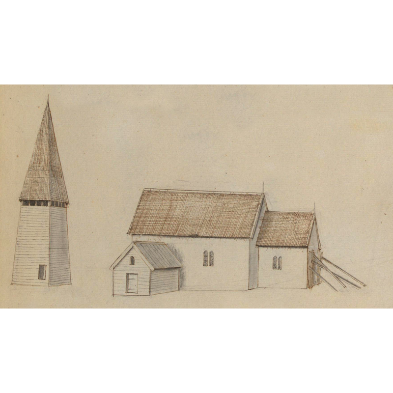 Source caption: "Ekeskogs kyrka. Kyrka, äldre, teckning ur Peringskiölds Monumenta, avfotograferad i färg. [...] circa 1700"