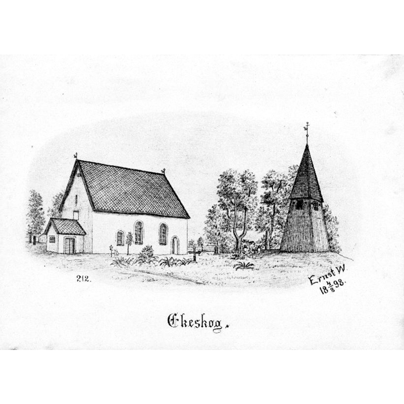 Source caption: "Ekeskogs kyrka [...] Kyrkan och klockstapeln från sydväst. Tryck efter teckning av Ernst Wennerblad 1898."