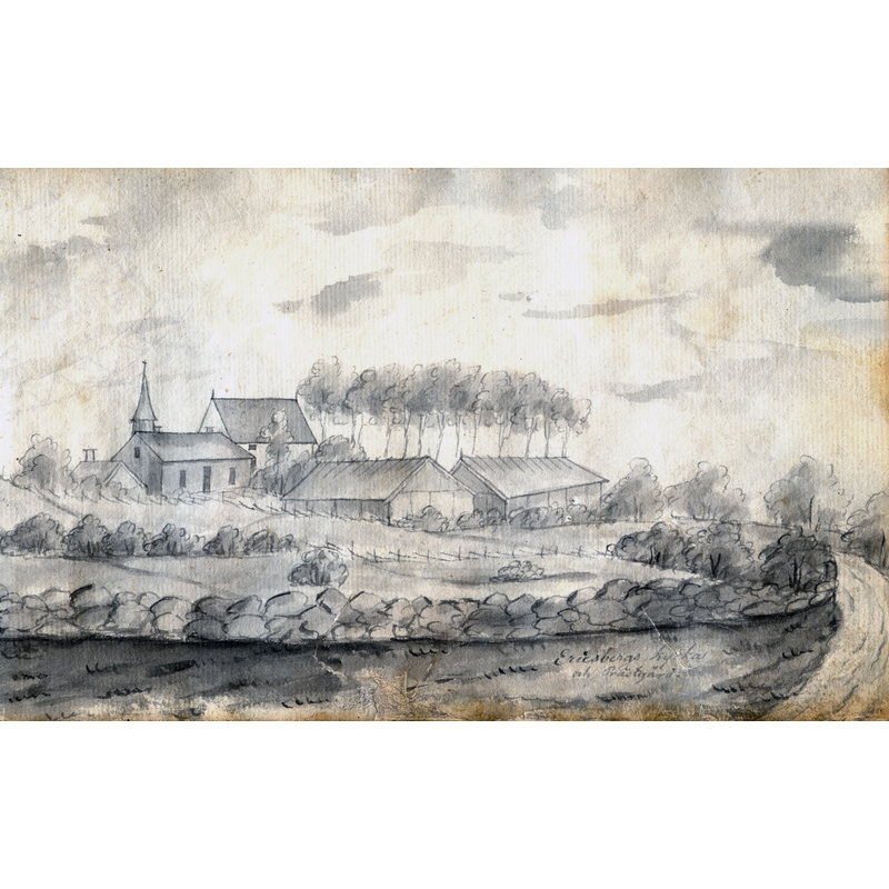 Source caption: "Laverad tuschteckning av Eriksbergs gamla kyrka och prästgård, utan datering Källa: Stifts- och landsbiblioteket i Skara: MS Geografi Västergötland 1, bild 28"