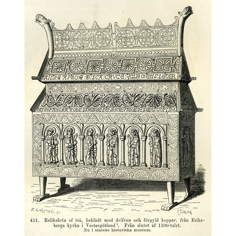 Source caption: "Eriksbergsskrinet är ett relikskrin från Eriksbergs gamla kyrka, Eriksbergs socken, Gäsene härad, Herrljunga kommun, Västergötland, Västra Götalands län, Sverige. Eriksbergsskrinet är ett relikskrin av trä, format som en kyrka och klädd med förgylld koppar från senare hälften av 1100-talet. Skrinet står nu utställt på Historiska museet i Stockholm. Denna bild är ett träsnitt, figur 451 på sidan 395 i boken Sveriges hednatid, samt medeltid, förra skedet, från år 1060 till år 1350 (1877) av Oscar Montelius. Bildtexten där lyder: "Relikskrin af trä, beklädt med drifven och förgyld koppar, från Eriksbergs kyrka i Vestergötland. Från slutet af 1100-talet. Nu i statens historiska museum.""