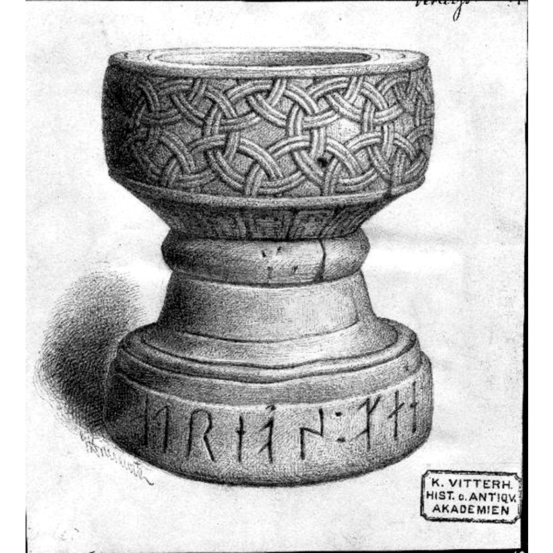 Source caption: "Finnekumla Kyrka [...] Dopfunt av sandsten, signerad Andreas, 1100-1249. Teckning av Gustaf Brusewitz."