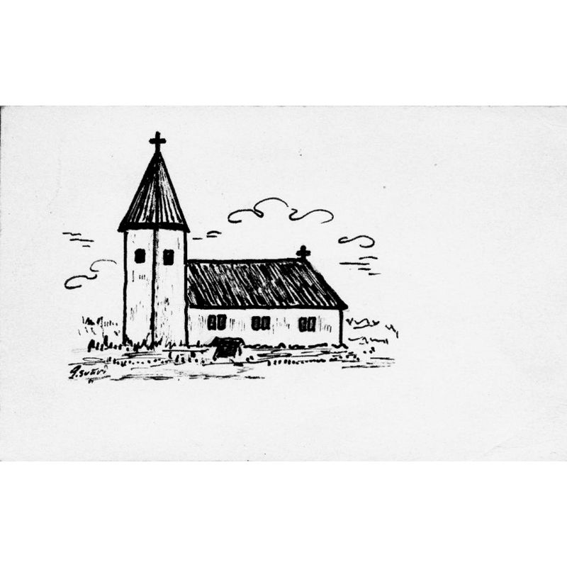Source caption: "Fyrunga gamla kyrka [...] Kyrkan från söder, efter teckning av P. Nylandh, 1782." -- [NB: the old church, later demolished, looked quite different between 1782 and 1873]