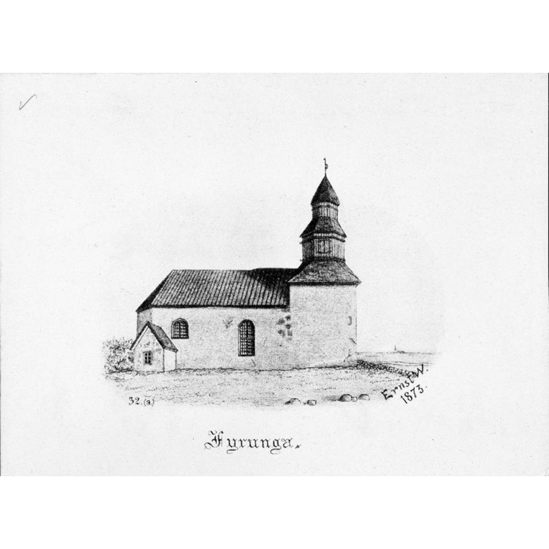 Source caption: "Fyrunga gamla kyrka [...] Kyrkan från norr, efter teckning av Ernst Wennerblad, 1873." -- [NB: the old church, later demolished, looked quite different between 1782 and 1873]