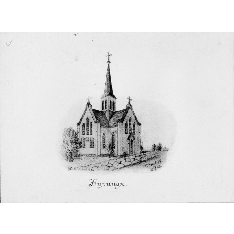 Source caption: "Fyrunga [nya] kyrka [...] Kyrkans exteriör, efter Ernst Wennerblads teckning, 1889."