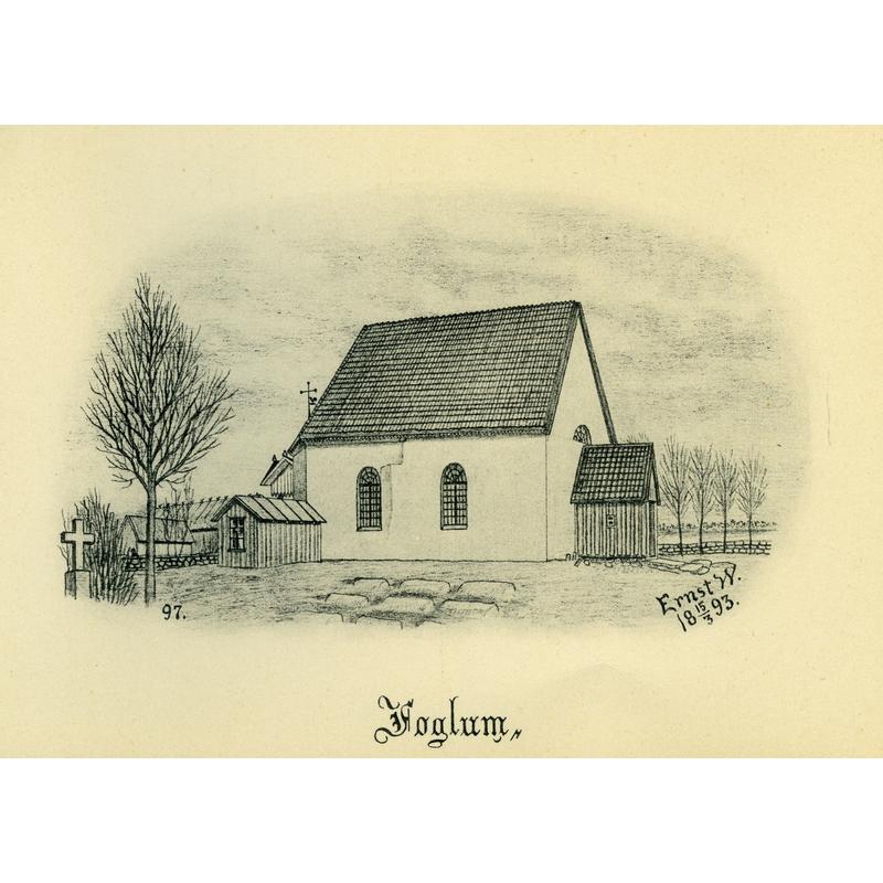 Source caption: "Fåglums kyrka år 1893 i Barne härad, Skara stift, Västergötland, Sverige. Teckning av Ernst Wennerblad ur Skara stifts kyrkor (1902)."