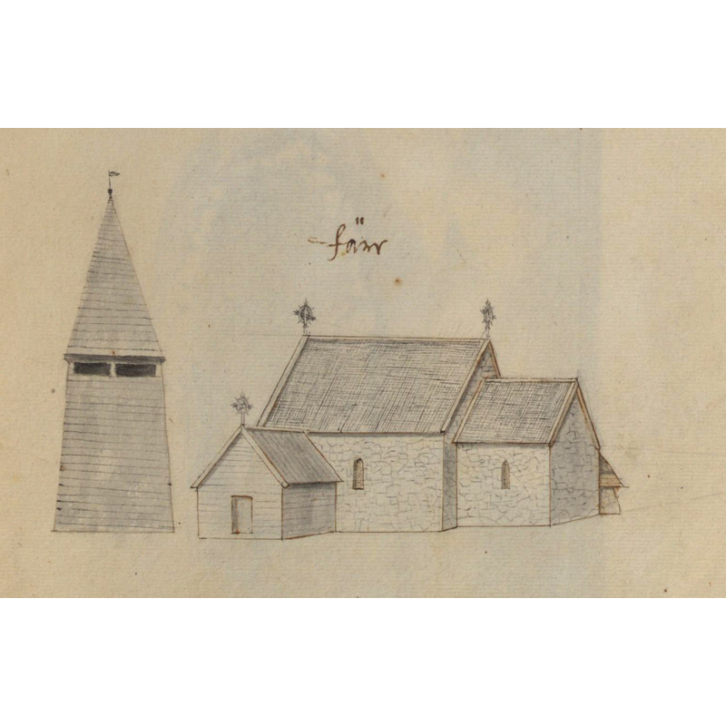 Source caption: "Färeds kyrka. Kyrka, äldre, teckning ur Peringskiölds Monumenta, avfotograferad i färg."