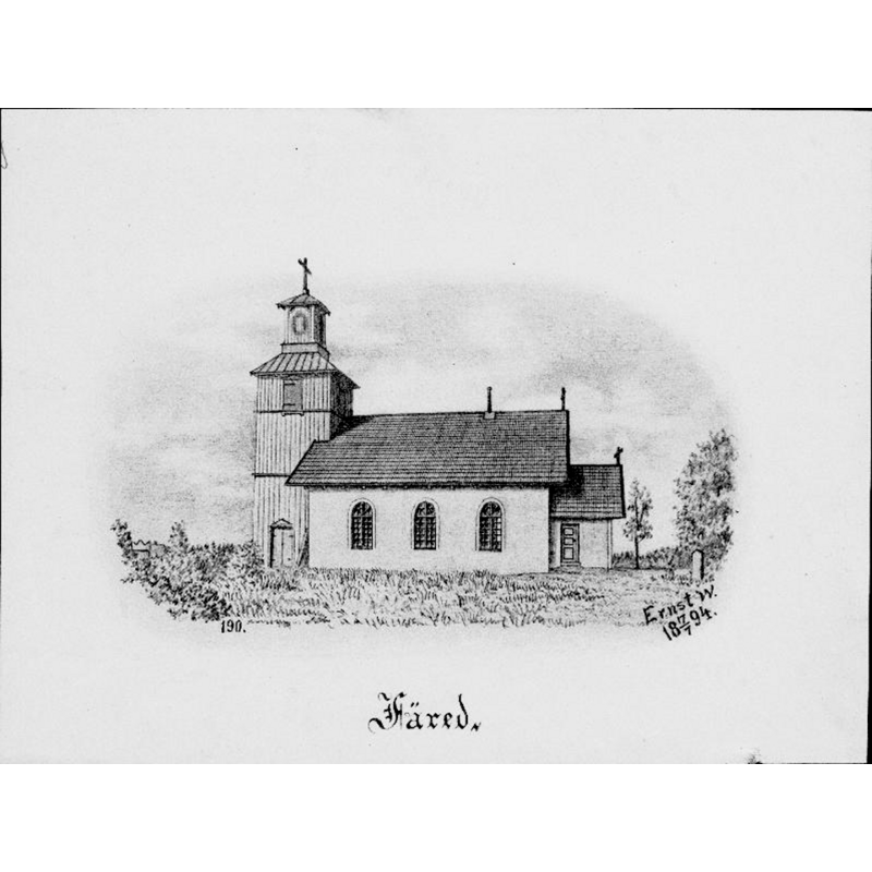 Source caption: "Färeds kyrka [...] Kyrkan från söder. Tryck efter teckning av Ernst Wennerblad, 1894."