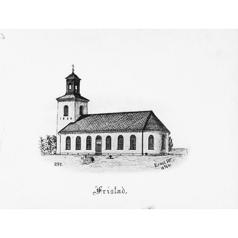 Source caption: "Fristads kyrka [...] Kyrkan från sydöst. Tryck efter teckning av Ernst Wennerblad 1881." -- the new church of 1850 built to replace the medieval churches of Gringi and Fristad