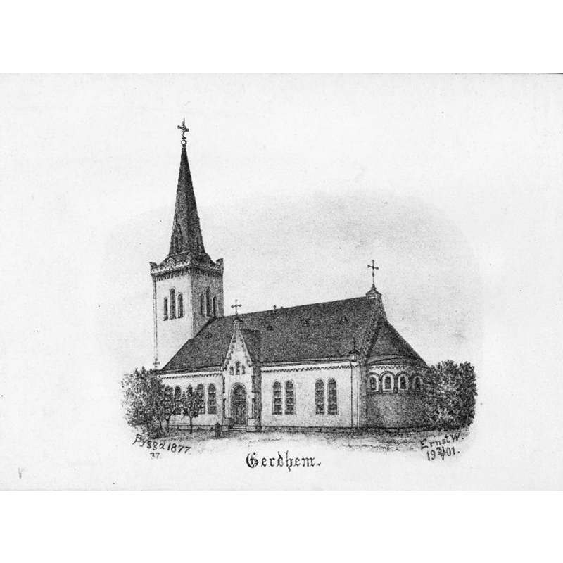 Source caption: "Gärdhems kyrka [...] Kyrkan från öster. Tryck efter teckning av Ernst Wennerblad 1901."