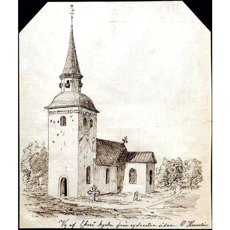 Source caption; "Ekerö kyrka [...] Kyrkan från sydväst. Tuschteckning av Olof Hermelin, troligen från 1870-talet."