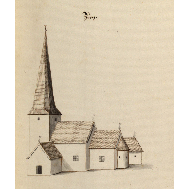 Source caption: "Horns kyrka, Västergötland. Kyrka, äldre, teckning ur Peringskiölds Monumenta, avfotograferad i färg."