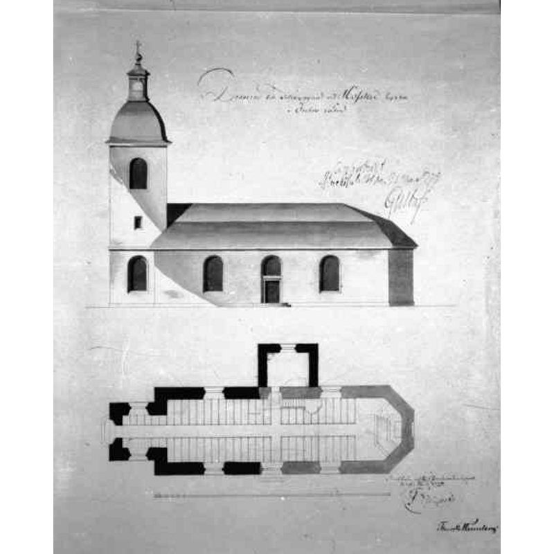 Source caption: "Hovsta kyrka [...] Foto efter förslagsritning till kyrkans ombyggnad, signerad C. F. Adelcrantz 1779."