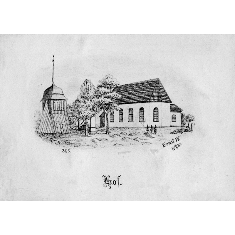 Source caption: "Hovs kyrka [...] Kyrkan och klockstapeln från sydöst, efter teckning av Ernst Wennerblad, 1888."