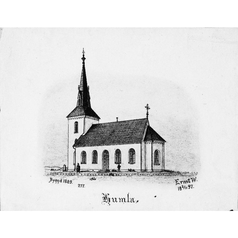 Source caption: "Humla kyrka [...] Tryck av teckning av Ernst Wennerblad, 1897."