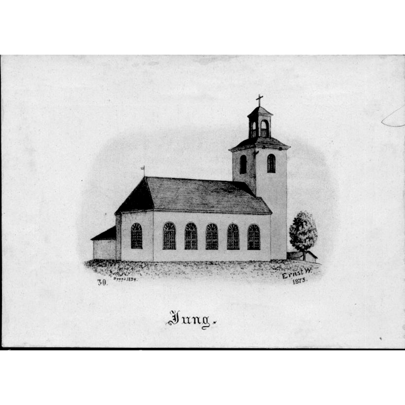 Source caption: "Jungs kyrka [...] Kyrkan från nordöst. Tryck efter teckning av Ernst Wennerblad 1873."