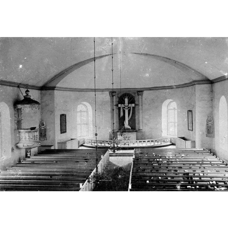 Source caption: "Kalvs kyrka [...] Interiör i den äldre kyrkan." [NB: the old church was destroyed by fire in 1896 and rebuilt in 1898-1899]