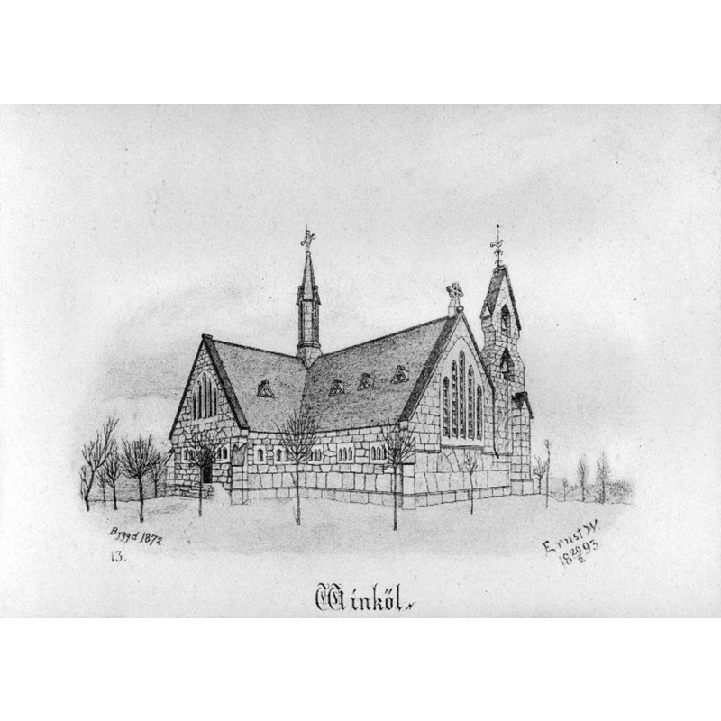 Source caption: "Vinköls kyrka [...] Kyrkan från nordväst. Tryck efter teckning av Ernst Wennerblad." -- the new church built in the 1870s