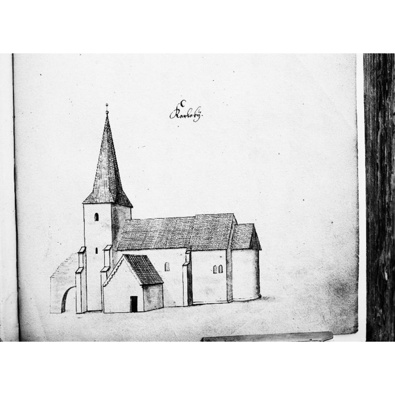Source caption: "Karleby kyrka [...] Kyrkan, möjligen den nuvarande kyrkans föregångare, teckning ur Peringskiölds Monumenta, avfotograferad."