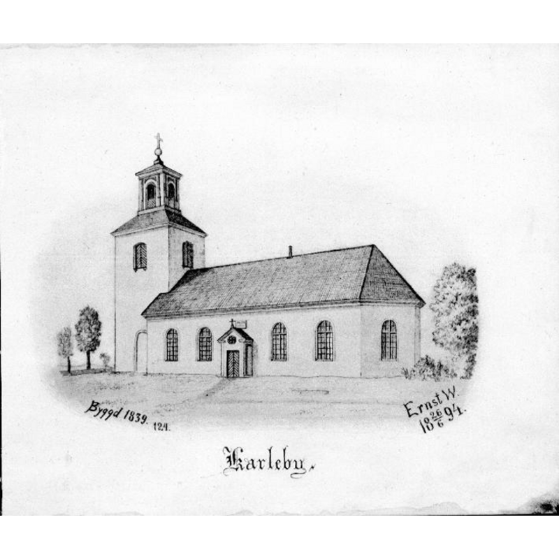 Source caption: "Karleby kyrka [...] Kyrkan från sydöst, efter teckning av Ernst Wennerblad, 1894."