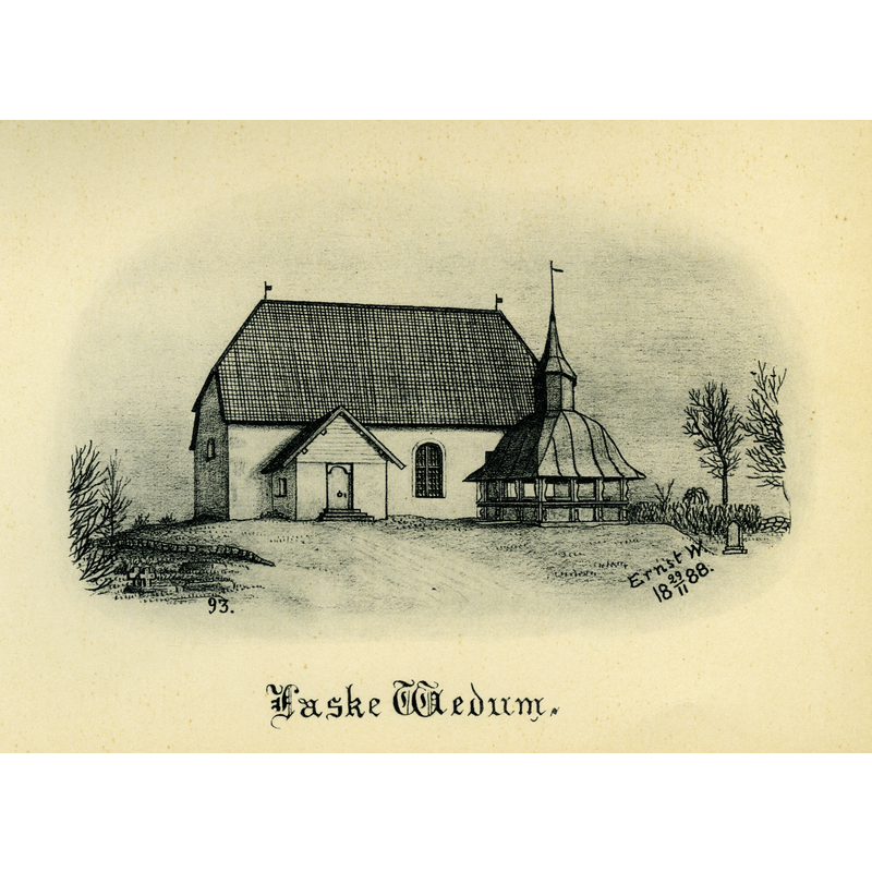 Source caption: "Laske-Vedums kyrka år 1888 i Laske härad, Skara stift, Västergötland, Sverige. Teckning av Ernst Wennerblad ur Skara stifts kyrkor (1902)."