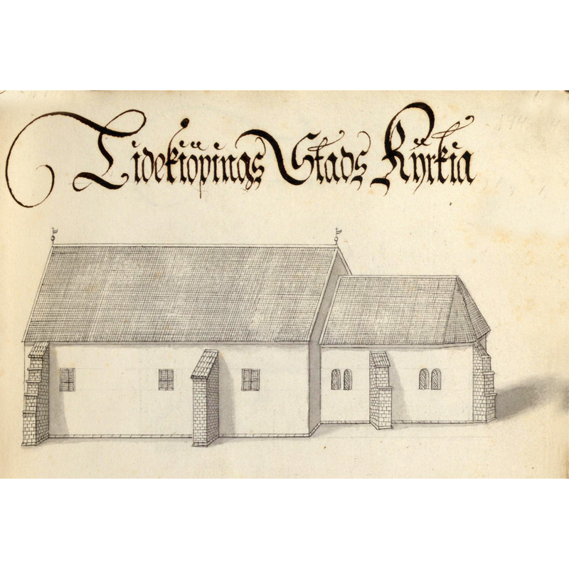 Source caption: "Sankt Nicolai kyrka, Lidköping. [...] Kyrka, äldre, teckning ur Peringskiölds Monumenta, avfotograferad i färg."