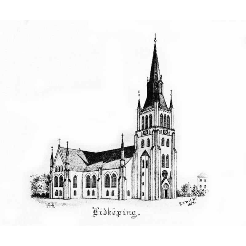 Source caption: "Sankt Nikolai kyrka [...] Kyrkan från nordväst. Tryck av teckning av Ernst Wennerblad, 1873."