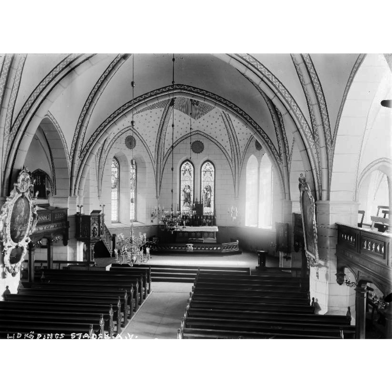 this undated photograph was taken after the major refurnishing of the interior by Helgo Zettervall in 1891-1892; the short wooden stand seen here in the right [south] side of the chancel, by the psalm board, is the new baptismal font designed by Folke Zettervall