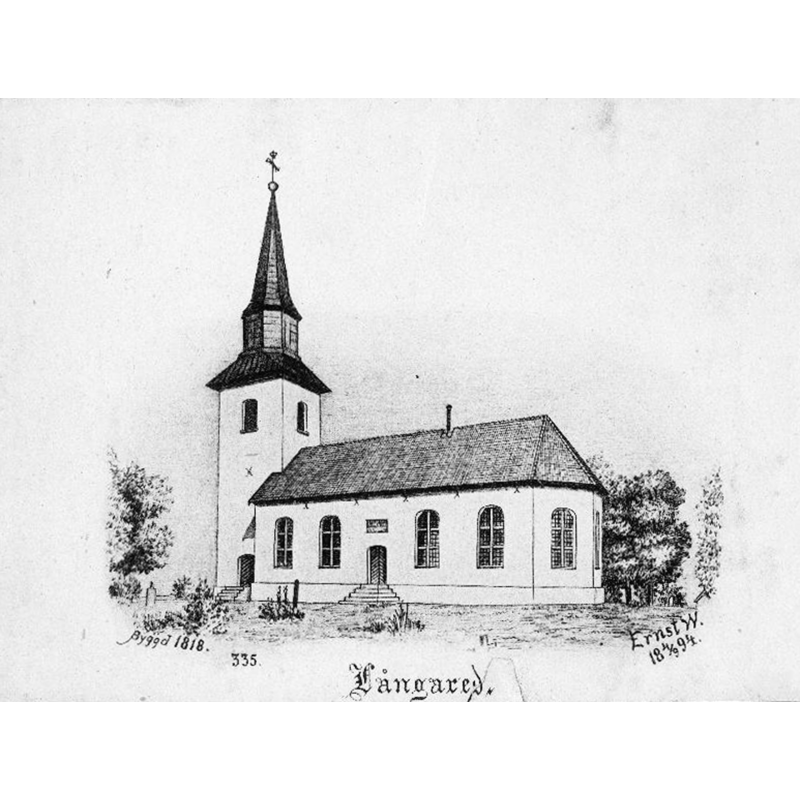 Source caption: "Långareds kyrka [...] Kyrkan från sydöst. Tryck efter teckning av Ernst Wennerblad 1894."