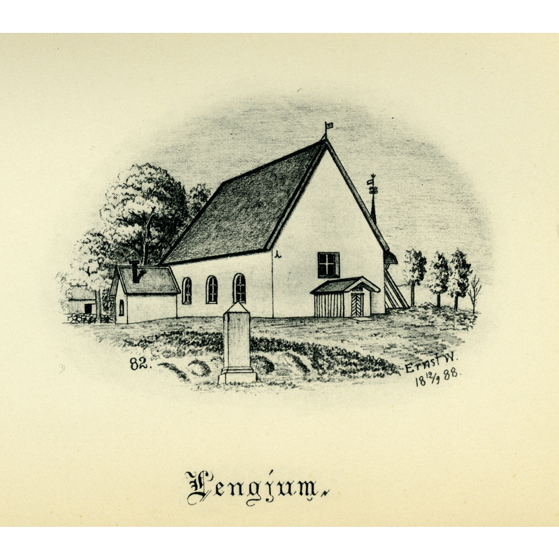 Source caption: "Längjums kyrka år 1888 i Laske härad, Skara stift, Västergötland, Sverige. Teckning av Ernst Wennerblad ur Skara stifts kyrkor (1902)."