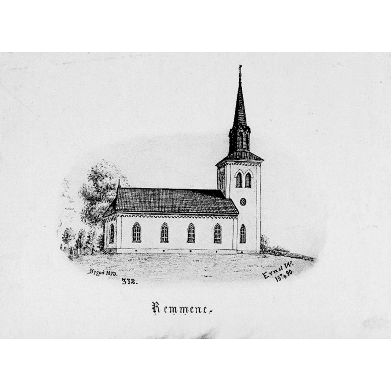 Source caption; "Remmene kyrka [...] Kyrkan från norr. Tryck av teckning av Ernst Wennerblad, 1890."