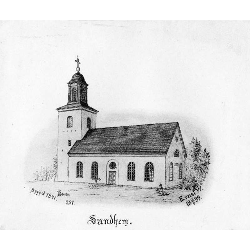 Source Caption: "Sandhems kyrka [...] Kyrkan från sydöst, efter teckning av Ernst Wennerblad, 1899."