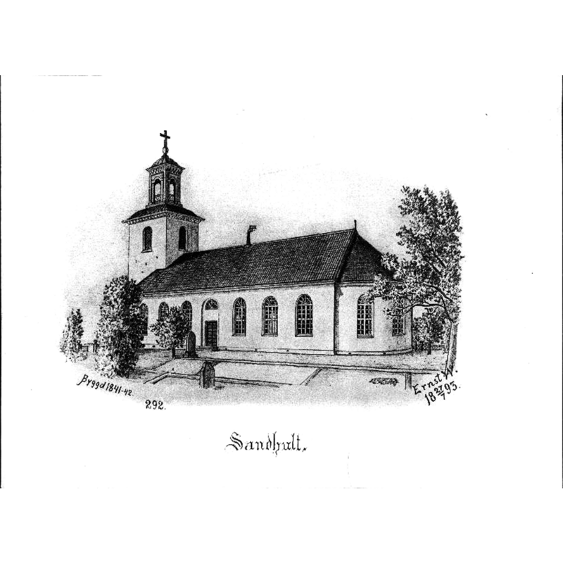 Source caption: "Sandhults kyrka [...] Kyrkan från sydöst, efter teckning av Ernst Wennerblad, 1893."