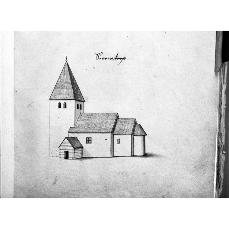 Source caption: "Sventorps kyrka [...] Kyrkan från sydöst. Foto efter teckning ur Peringskiölds Monumenta."