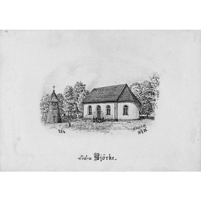 Source caption: "Södra Björke kyrka [...] Kyrkan och klockstapeln från sydöst. Tryck efter teckning av Ernst Wennerblad 1888."