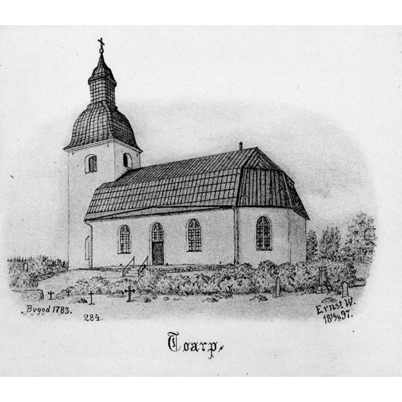 Source caption: "Toarps kyrka [...] Kyrkan från sydöst, efter teckning av Ernst Wennerblad, 1897." -- the medieval church was demolished in 1780; the new church was built on the same site and consecrated in 1783; it has been restored several times since