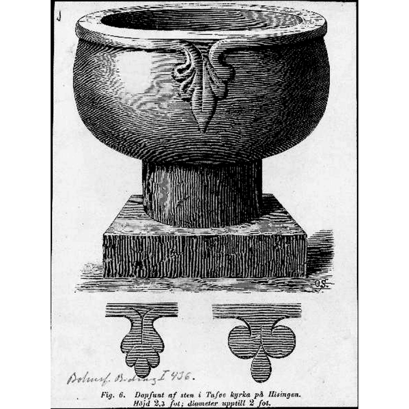 the three leaf motifs that decorate the font