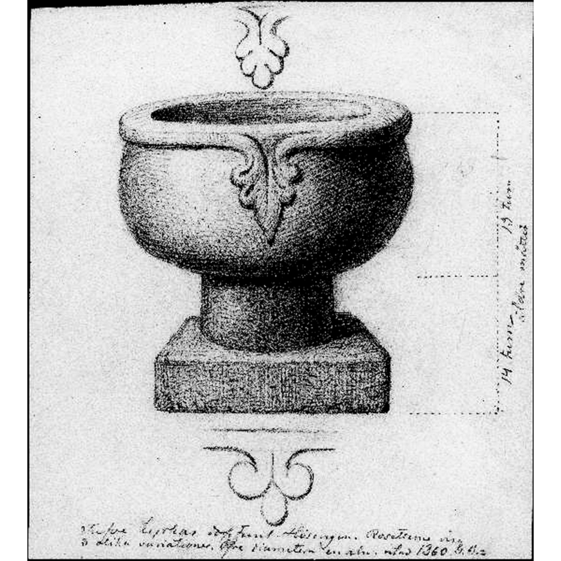 the height measurements for the basin and base are given on the illustration original as 19 and 14 "tums" respectively -- the Swedish 'tum' corresponded to 2.474 cm before 1863 and to 2.96 cm after the 1863 change; since we have other measurements that give the approximate height of the font as 80 cm, it probably means this illustration was from the earlier period, i.e., pre-1863