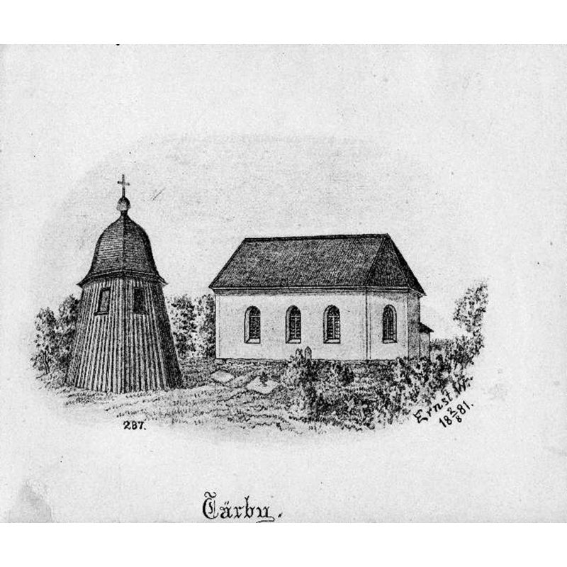 Source caption: "Tärby kyrka [...] Kyrkan och klockstapeln från söder. Efter teckning av Ernst Wennergren 1881."