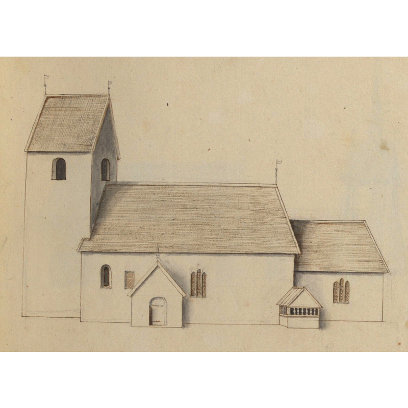Source caption: "Ullervads kyrka. Kyrka, äldre, teckning ur Peringskiölds Monumenta, avfotograferad i färg." -- the medieval church