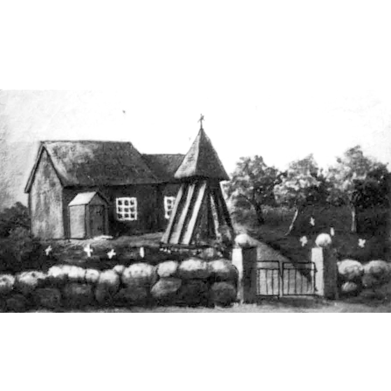 Source caption: "Vara gamla kyrka och kyrkogård från sydväst. Efter teckning av K Kullander. Foto i Skaraborgs länsmuseum."