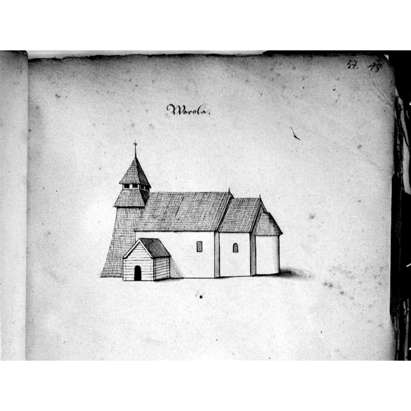 Source caption: "Varola kyrka [...] Kyrkan, en äldre, teckning i Peringskiölds Monumenta, avfotograferad."
