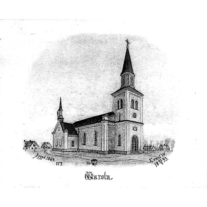 Source caption: "Varola kyrka [...] Kyrkan från nordöst, efter teckning av Ernst Wennerblad, 1893." -- showing the 1864 church, the third recorded in Varola -- notice the stone baptismal font in the centre of the image, just above the name of the church [spelled "Warola"]