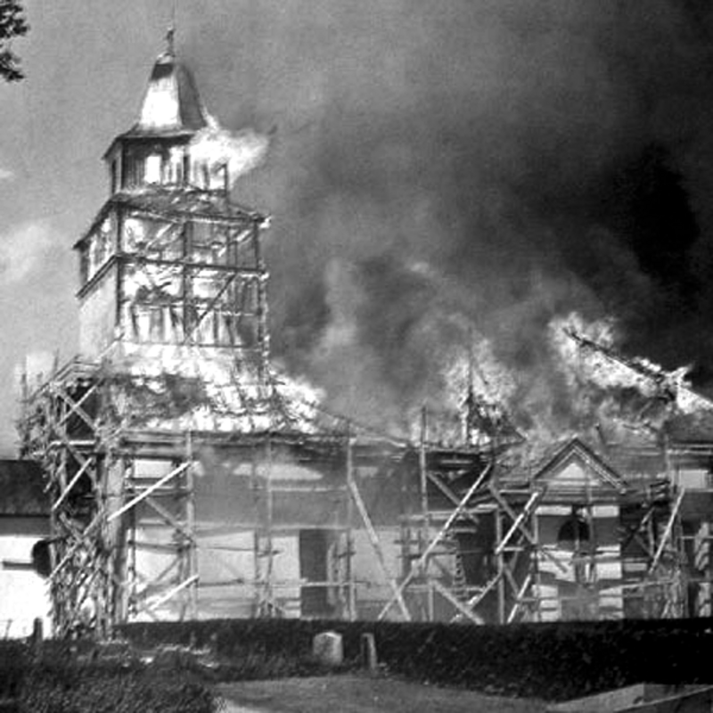 view of the church as it burned down on 21 June 1961