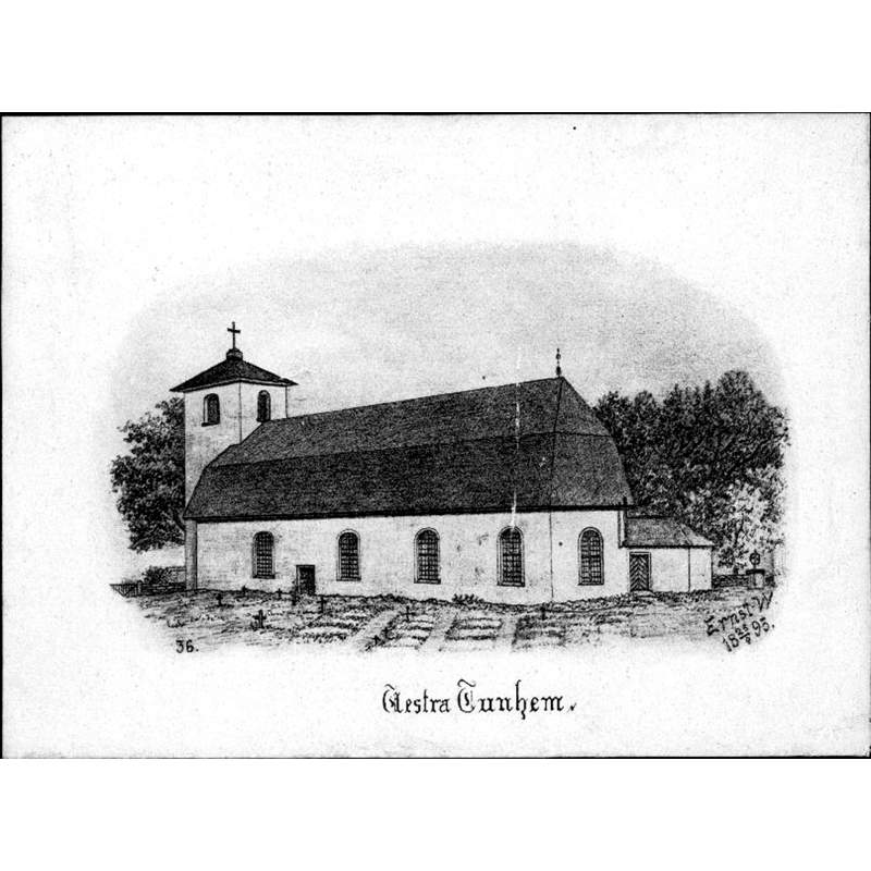 Source caption: "Kyrkan av sten. Treskeppigt långhus med ett lågt torn och femsidigt korslut. (Snabbinv.). Tryck efter teckning av Ernst Wennerblad."