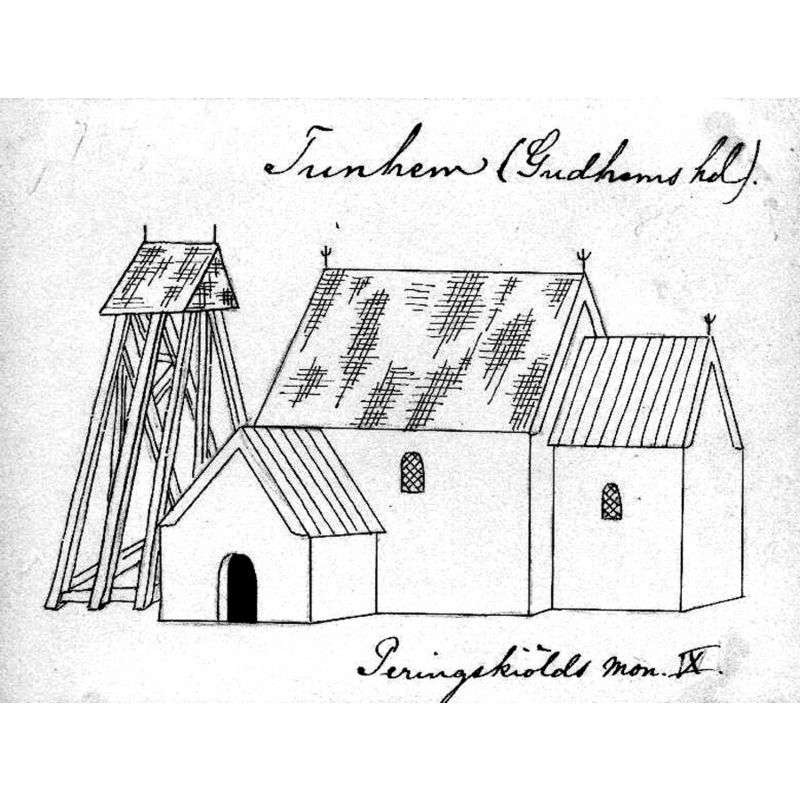 Source caption: "Östra Tunhems kyrka [...] Kyrkan från syd. Tryck efter teckning ur Peringskiölds monumenta." -- the medieval church is said to have been much dilapidated already by the 16thC; it would eventually be demolished in 1887 except for the porch [vapenhus], which was used as a cattle barn