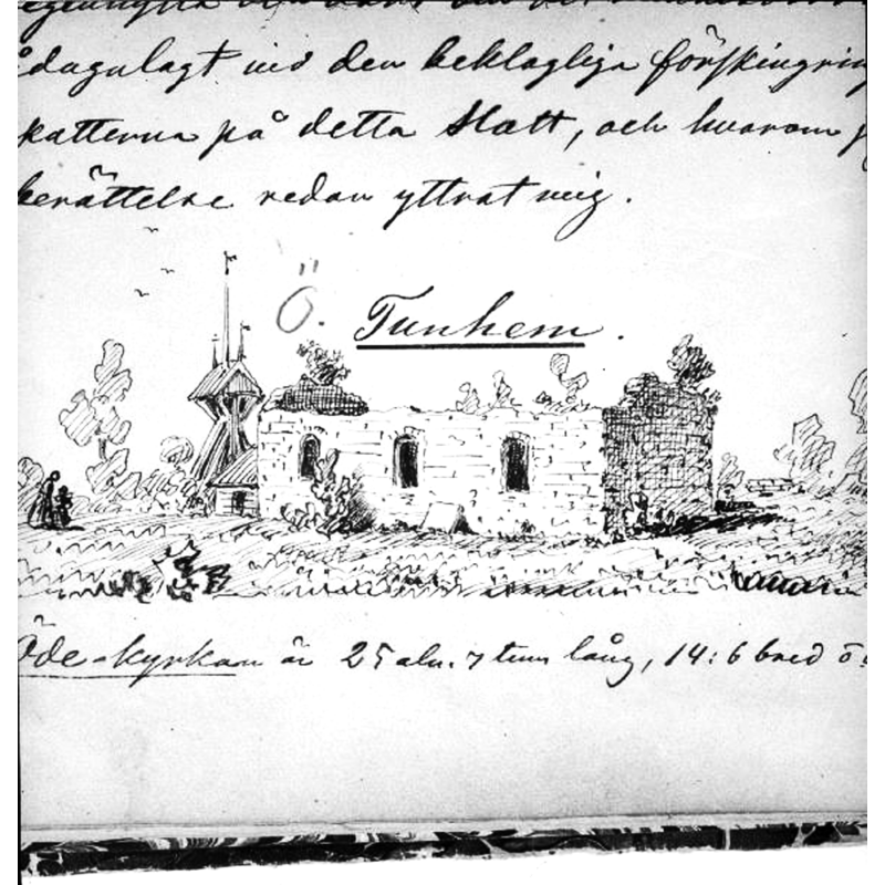 Source caption: "Östra Tunhems kyrka [...] Kyrkan från syd. Foto efter teckning ur P.A. Säve: Berättelse för år 1863 (s. 54, A.T.A.)." -- the medieval church is said to have been much dilapidated already by the 16thC; it would eventually be demolished in 1887 except for the porch [vapenhus] (visible here between the belfry and the body of the church) which was used as a cattle barn