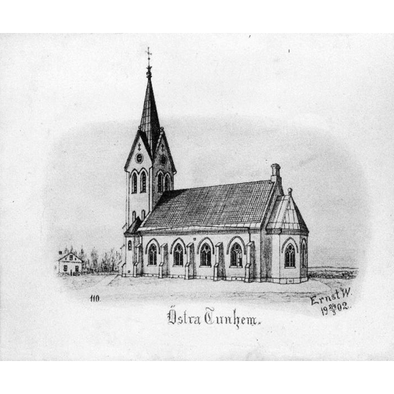 Source caption: "Östra Tunhems kyrka [...] Kyrkan från syd. Tryck efter teckning av Ernst Wennerblad, 1902." -- the new church had been built in 1900 on a new site; it would be destroyed by fire in 1938 and re-built in 1946-1949