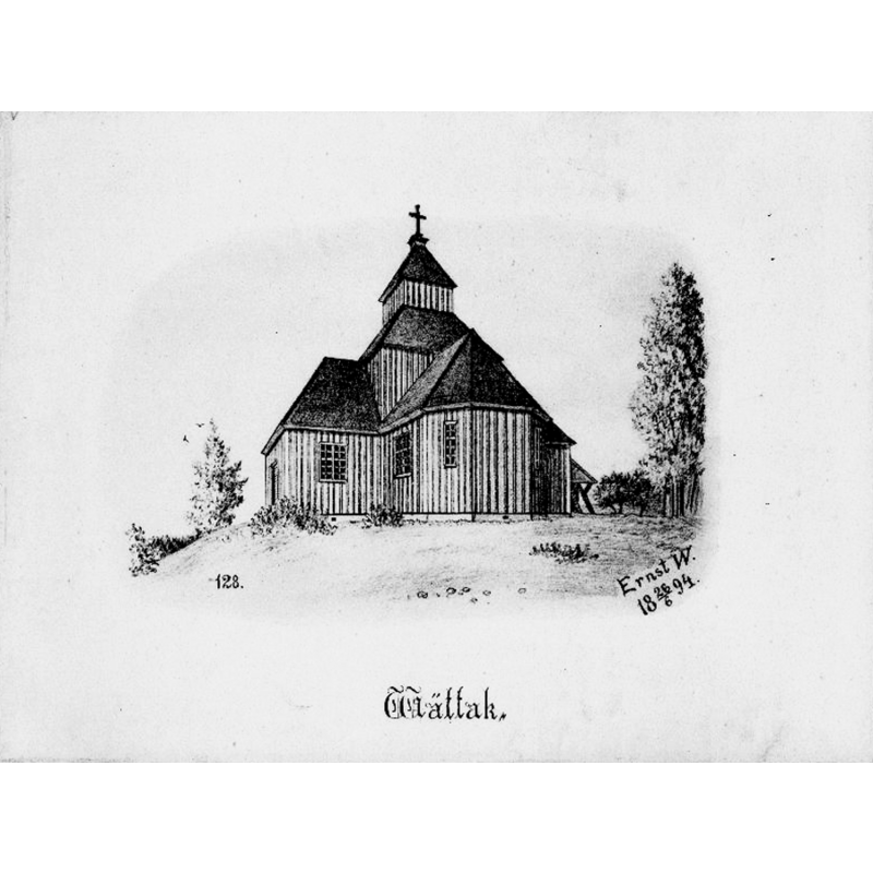 Source caption: "Vättaks kyrka [...] Kyrka med rektangulärt långhus, tresidig koravslutning, korsarmar i norr och söder (snabbinv.). Tryck efter teckning av Ernst Wennerblad, 1894."