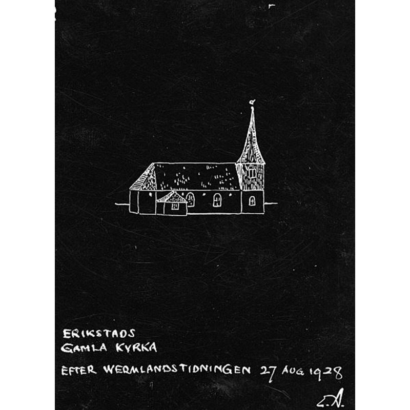 Source caption: "Erikstads kyrkoruin [...] Gamla kyrkan. Efter teckning av klockaren A. J. Lundgren 1928."